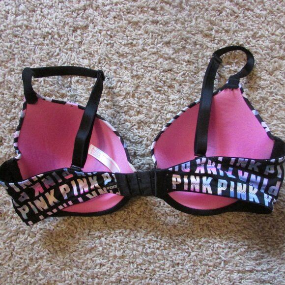 Pink Victoria's Secret Underwire Molded Padded Bra Black Pink Logo 36D Like New - Picture 2 of 3